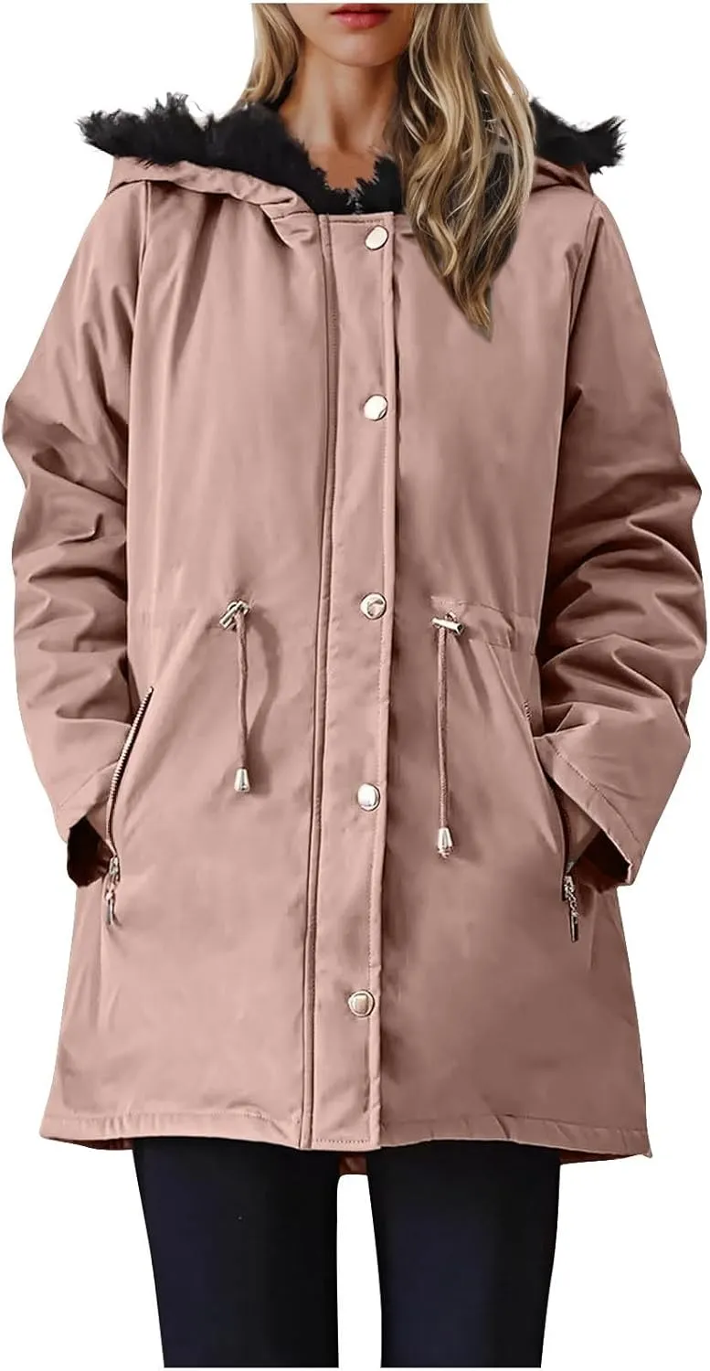 Women's Winter Windproof Parka Coats Warm Puffer Down Jackets Quilted Military Anorak Trench Coats With Faux Fur Hood