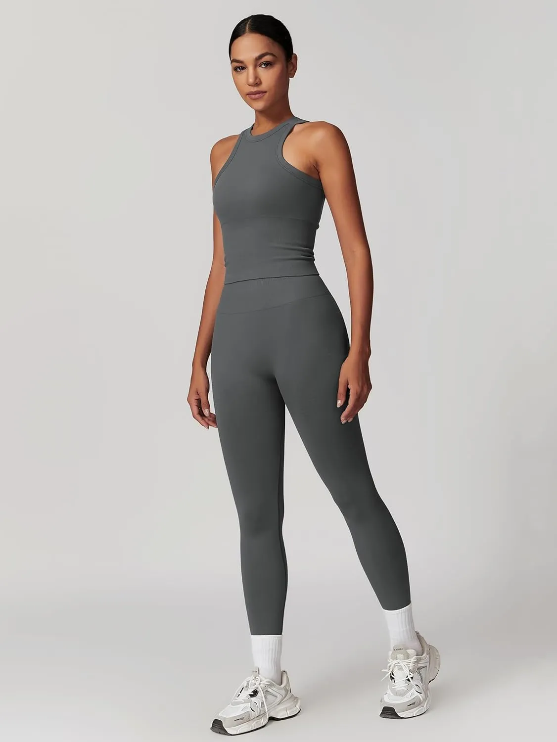 Womens Workout Sets Two Piece Racer-back Tank Top Matching High Waist Leggings Sets Gym Outfits Work Out Clothes