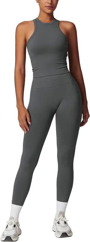 Womens Workout Sets Two Piece Racer-back Tank Top Matching High Waist Leggings Sets Gym Outfits Work Out Clothes