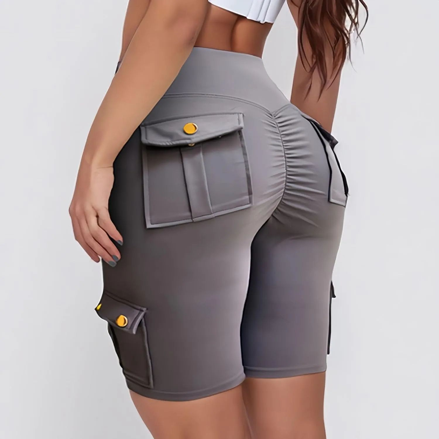 Womens Yoga Shorts Tummy Control Butt Lifting Shorts Casual Cargo Shorts High Waist Bermuda Shorts with Pockets