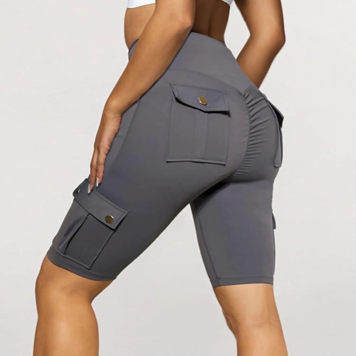Womens Yoga Shorts Tummy Control Butt Lifting Shorts Casual Cargo Shorts High Waist Bermuda Shorts with Pockets
