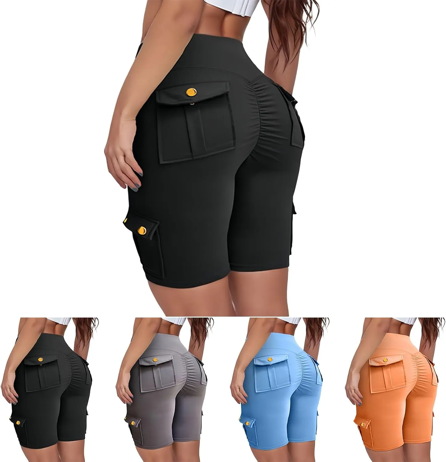 Womens Yoga Shorts Tummy Control Butt Lifting Shorts Casual Cargo Shorts High Waist Bermuda Shorts with Pockets
