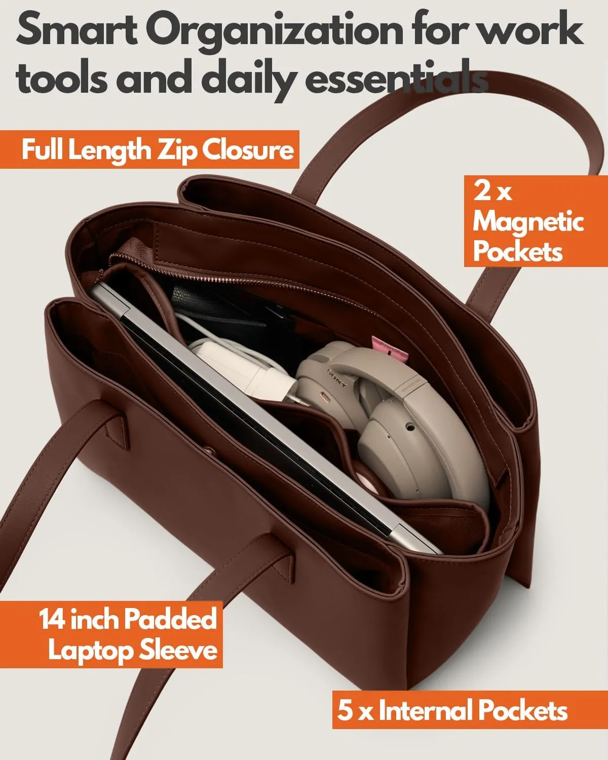 Work Tote Bags for Women 14Inch - Laptop Tote Bag with Zip Compartments - Large PU Leather Professional Office Purse