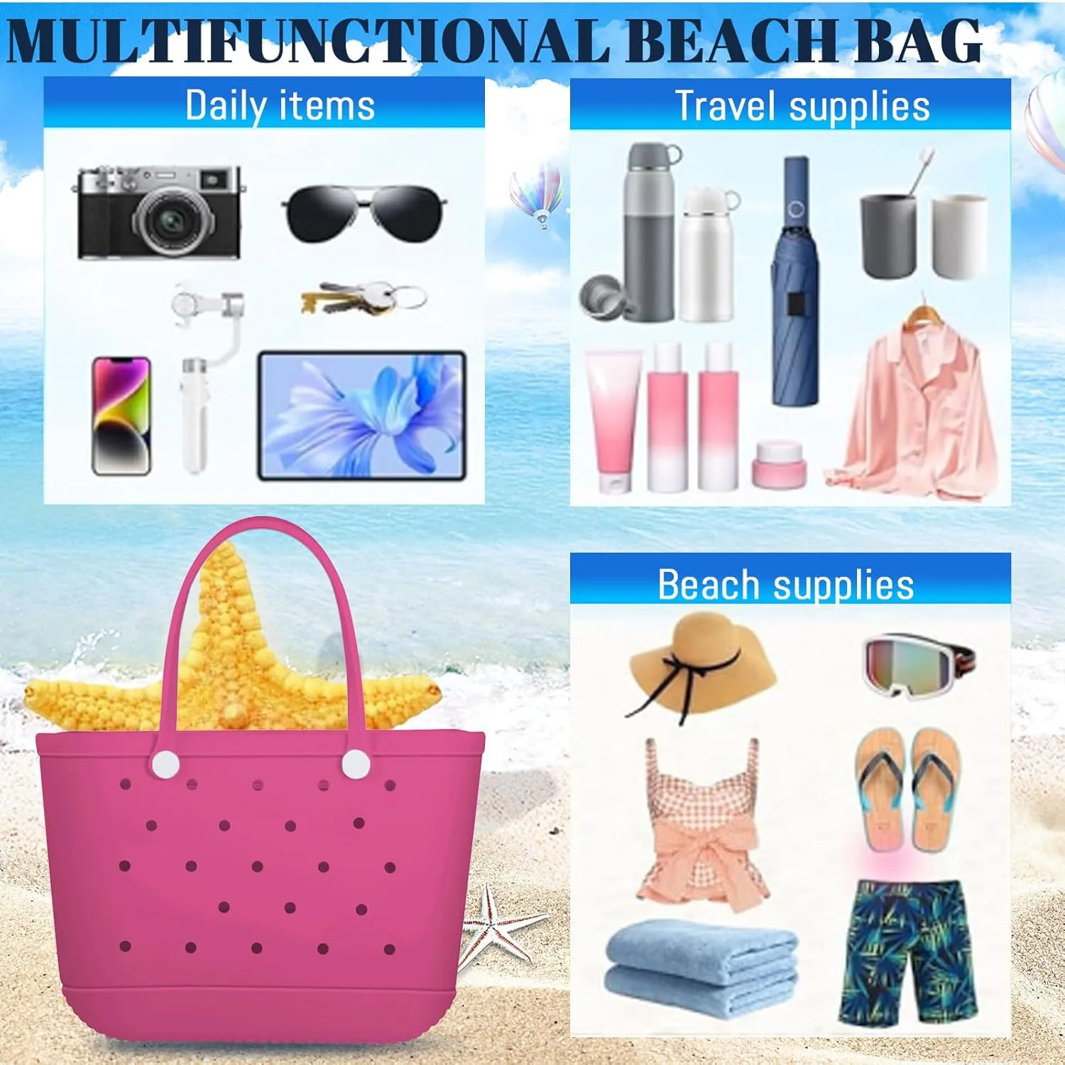 X-Large Rubber Tote Bag Waterproof Beach Washable Handbag Storage Bags Durable Modern Travel SportsTote Bag