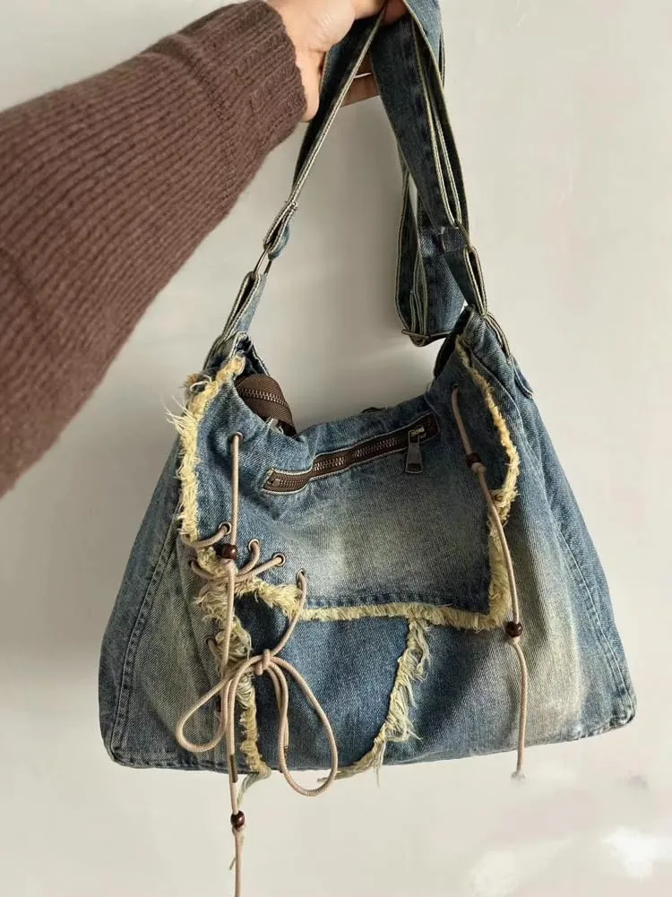 Y2k Denim Shoulder Bags for Women Chic Denim Purse Trendy Handbags Crossbody Bag Satchel 2024