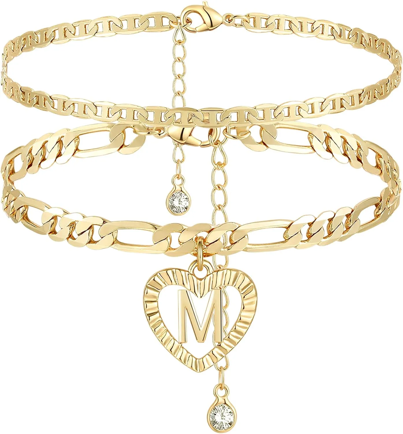 YANODA Initial Ankle Bracelets for Women 14K Gold Plated Layered Figaro Chain Letter Initial Anklets Handmade Layered Heart Ankle Bracelets Personalized Jewelry for Women