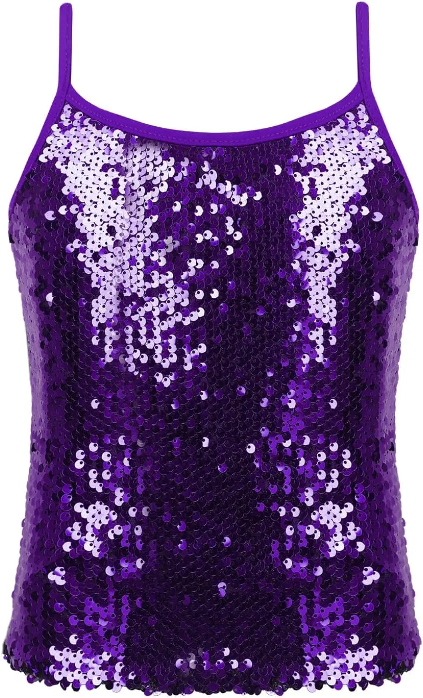 YEAHDOR Girls Glitter Sequins Cami Vest Jazz Ballet Dance Tank Top Stage Performance Adjustable Strap Tees Shirt