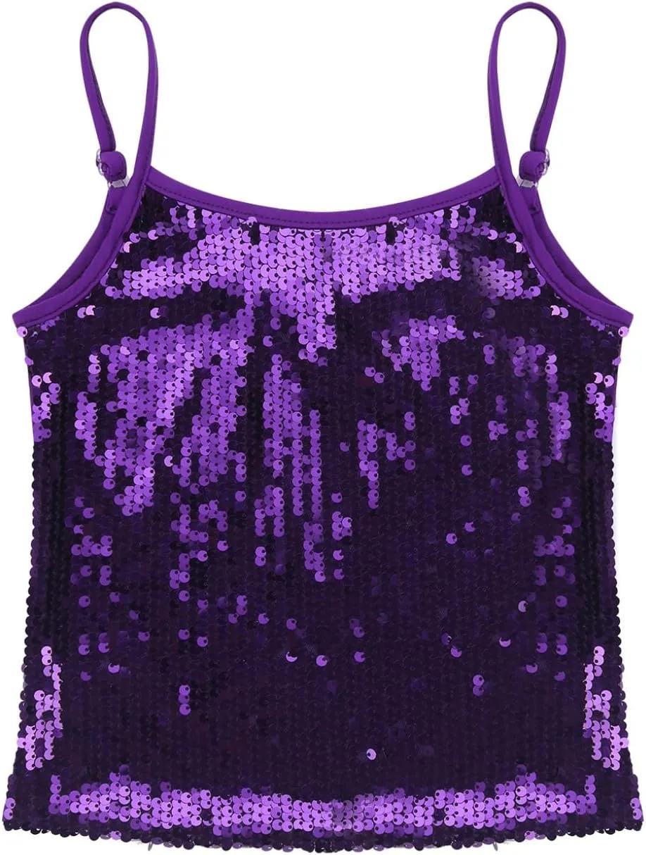 YEAHDOR Girls Glitter Sequins Cami Vest Jazz Ballet Dance Tank Top Stage Performance Adjustable Strap Tees Shirt