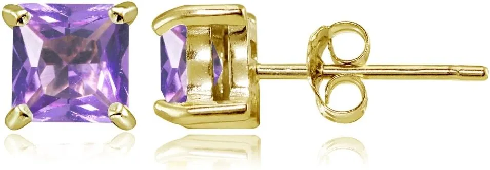 Yellow Gold Flashed Sterling Silver Simulated Gemstone 5mm Princess-cut Stud Earrings