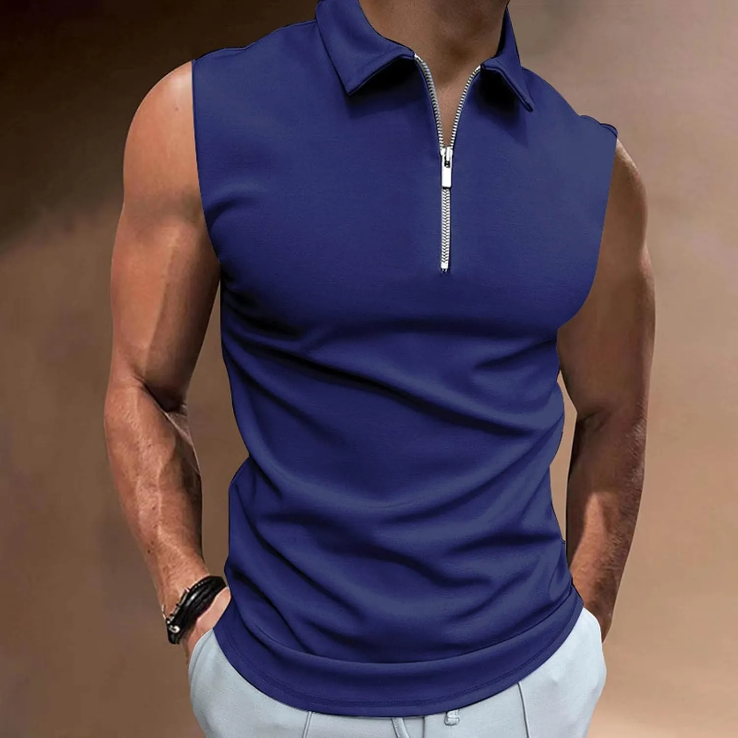 Ymosrh Men's Tank Top Undershirt Quarter Zipper Sleeveless Polo Shirts Casual Slim Fit Tank Shirt for Men, S-3XL