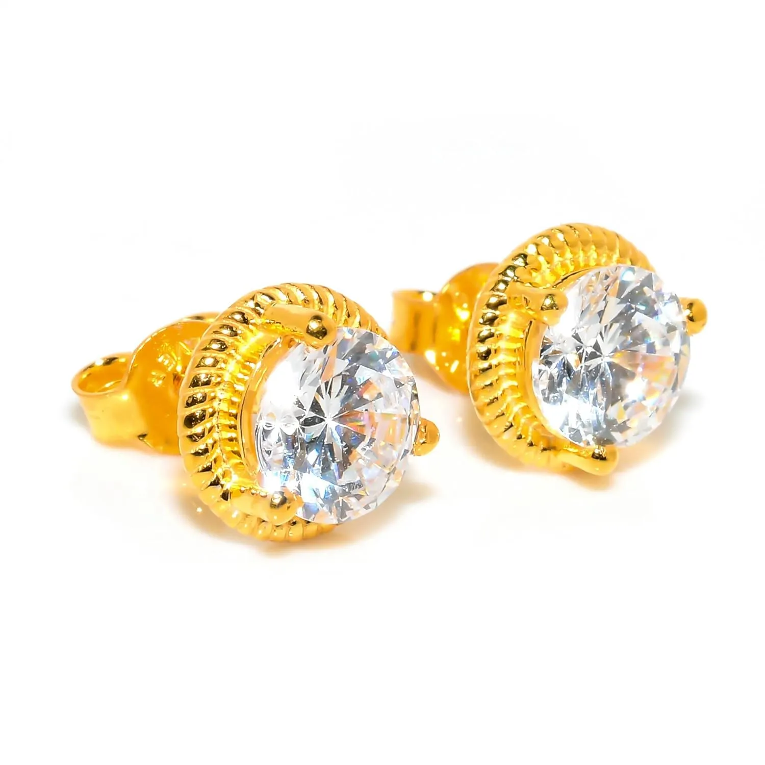 Zircon Gemstone Romantic Earrings for Party | Handmade 925 Solid Silver Gold Plated Stud Earrings For woman & girls | 8 mm Round Stone
