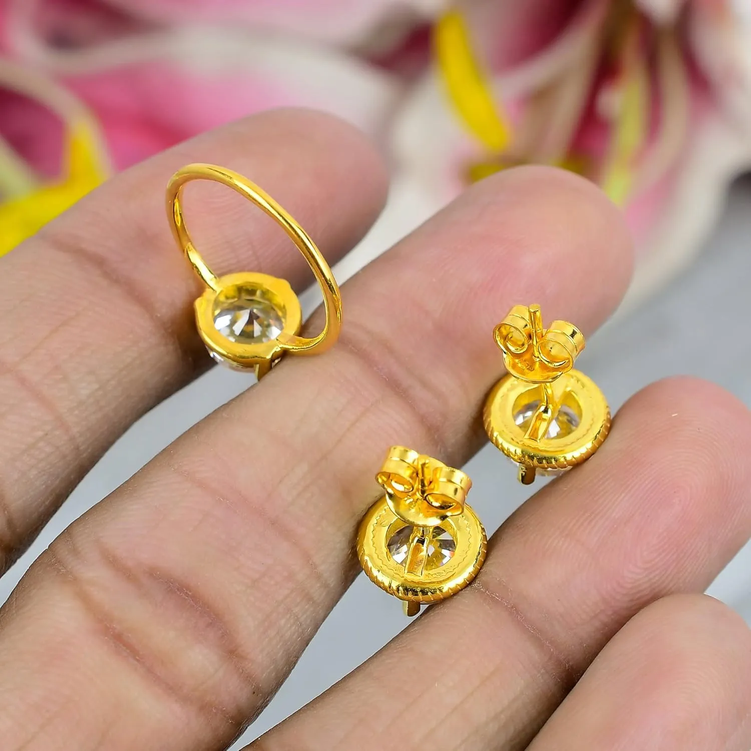 Zircon Jewelry Set, Sterling Silver or Gold-Plated Ring and Stud Earrings, Round Cut