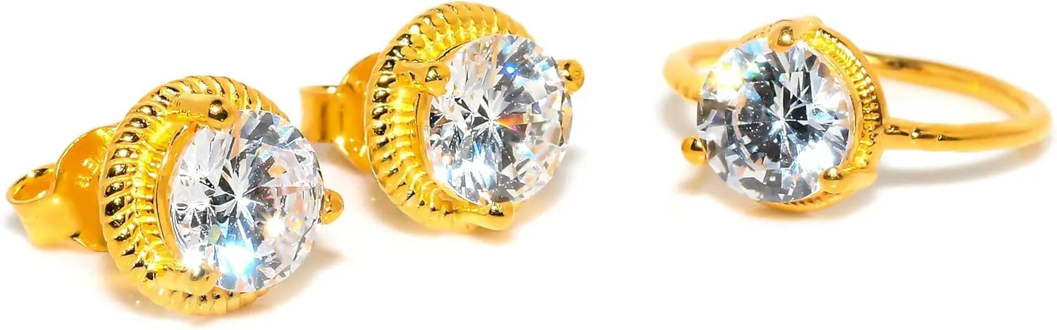 Zircon Jewelry Set, Sterling Silver or Gold-Plated Ring and Stud Earrings, Round Cut