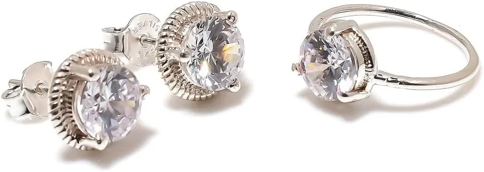 Zircon Jewelry Set, Sterling Silver or Gold-Plated Ring and Stud Earrings, Round Cut
