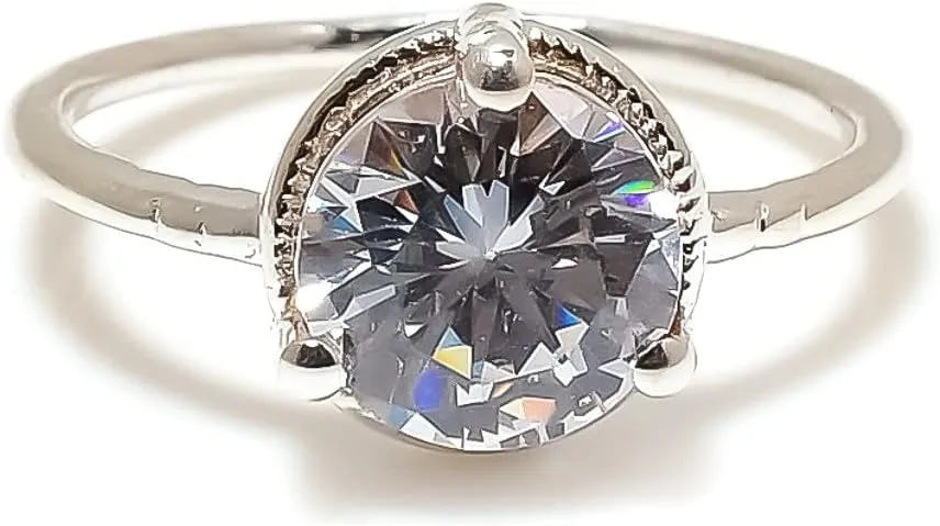 Zircon Jewelry Set, Sterling Silver or Gold-Plated Ring and Stud Earrings, Round Cut