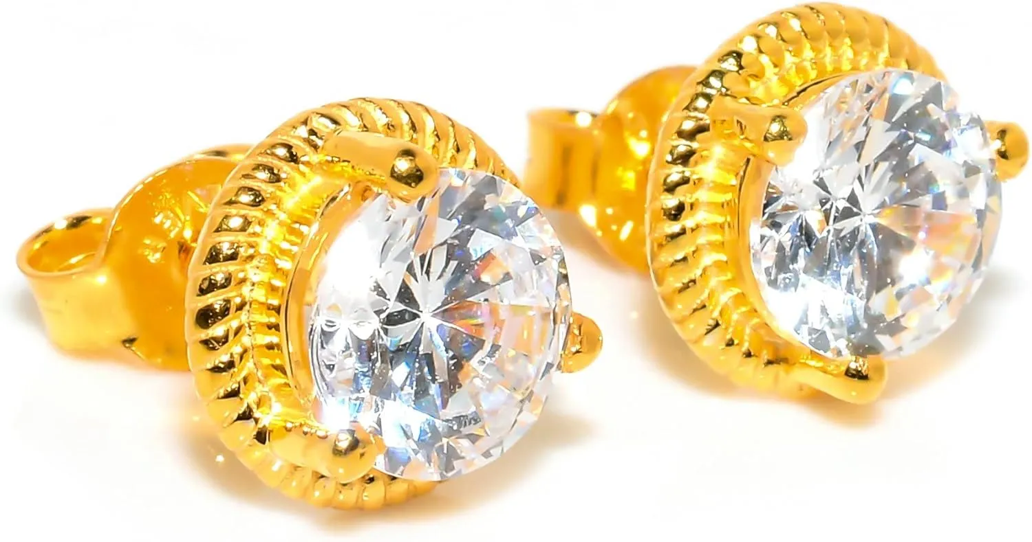 Zircon Jewelry Set, Sterling Silver or Gold-Plated Ring and Stud Earrings, Round Cut
