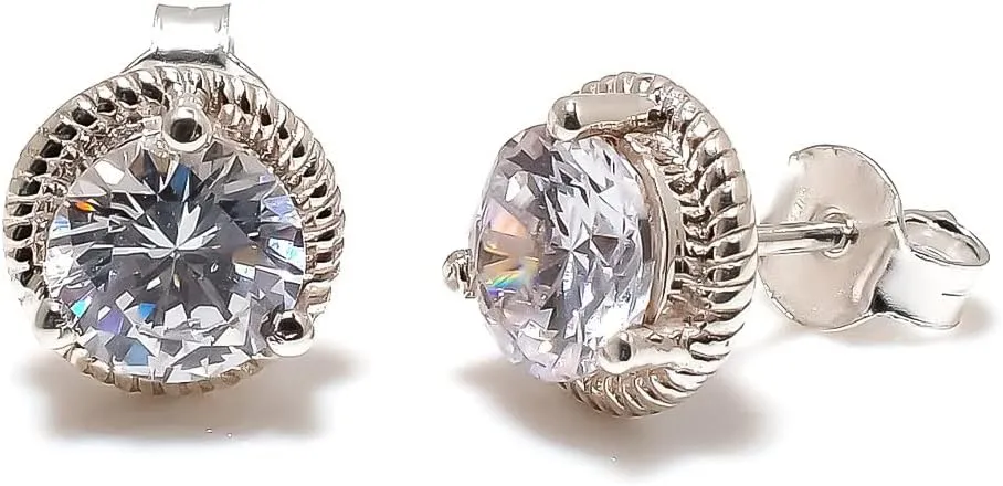 Zircon Jewelry Set, Sterling Silver or Gold-Plated Ring and Stud Earrings, Round Cut