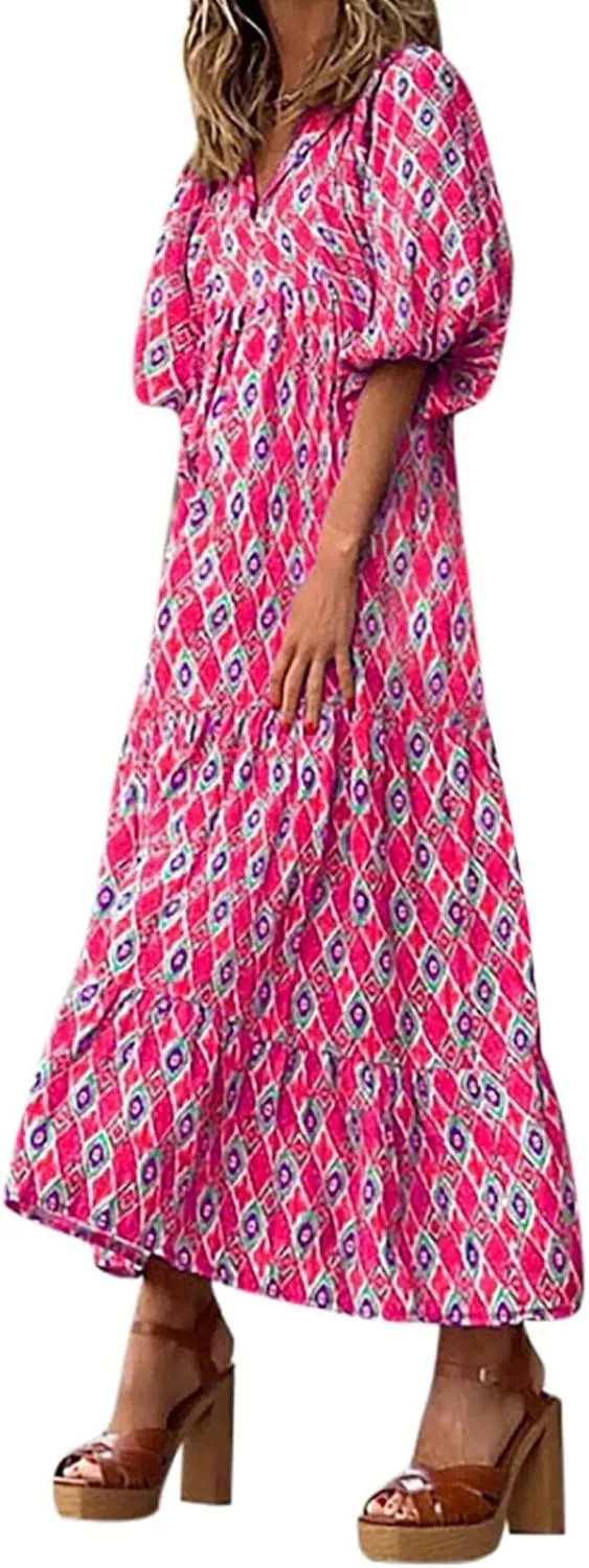 ZWRXW Plus Size Boho Maxi Dress for Women Loose Bohemian Floral Dress Half Sleeve Flowy A Line Long Dress Beach Swing Dress
