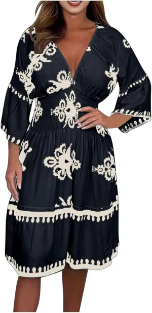 ZYXTIM Women's Elegant V Neck Boho Dresses Plus Size 3/4 Sleeve Smocked Elastic Waist Skater Dress Wedding Guest Dresses